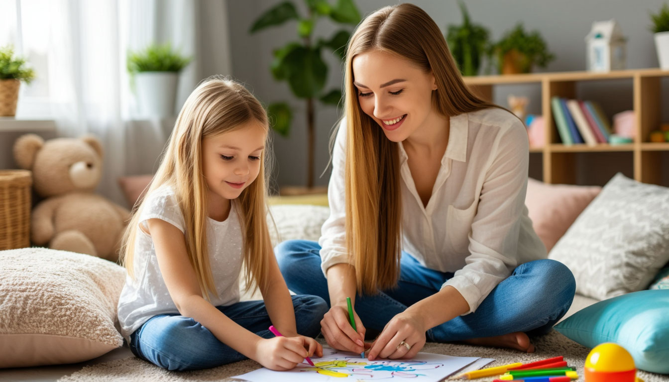 Мама и 4-летняя дочь рисуют вместе, создавая теплую атмосферу