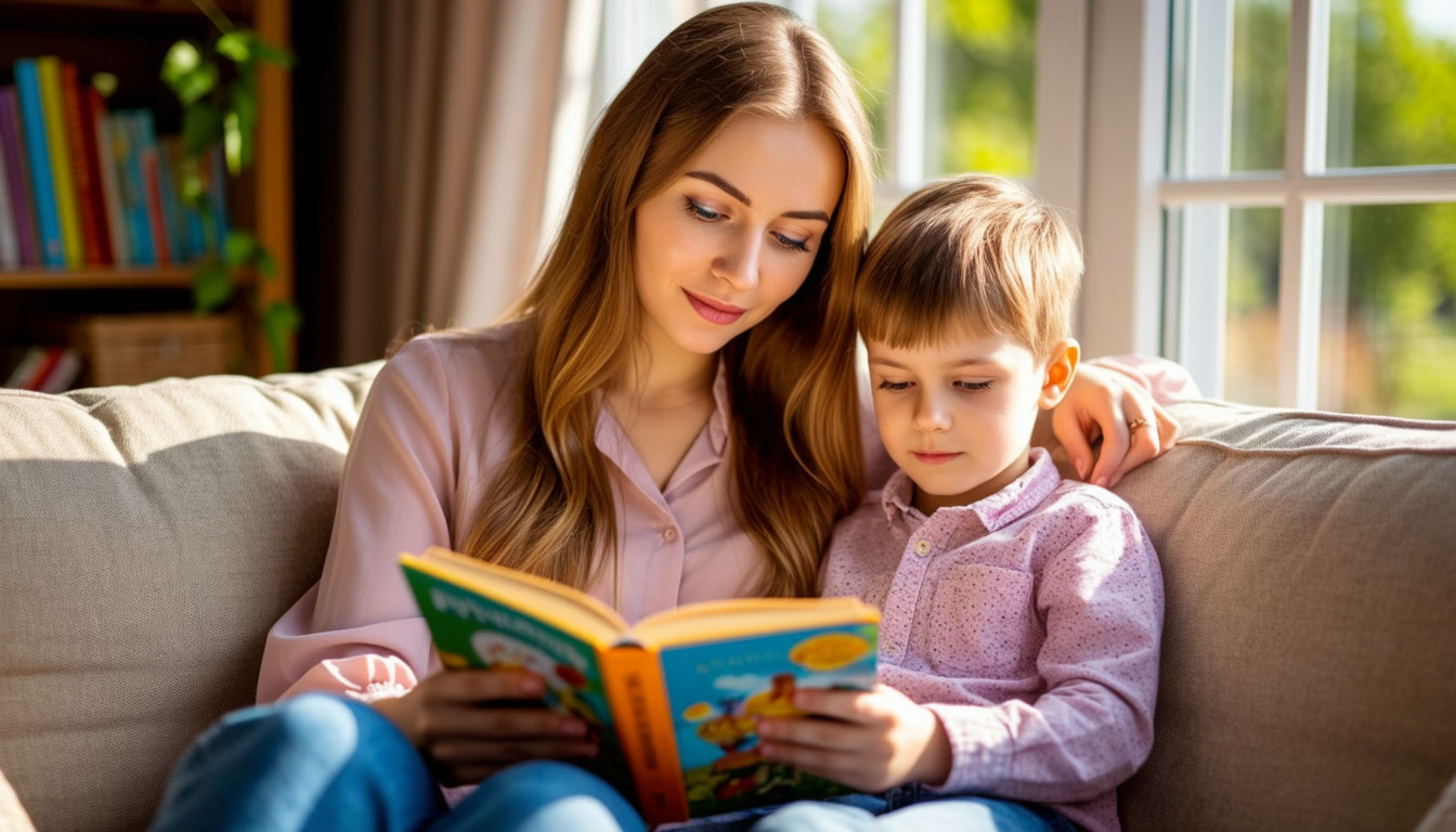 Мама с сыном читают книгу на диване, светит солнце из окна