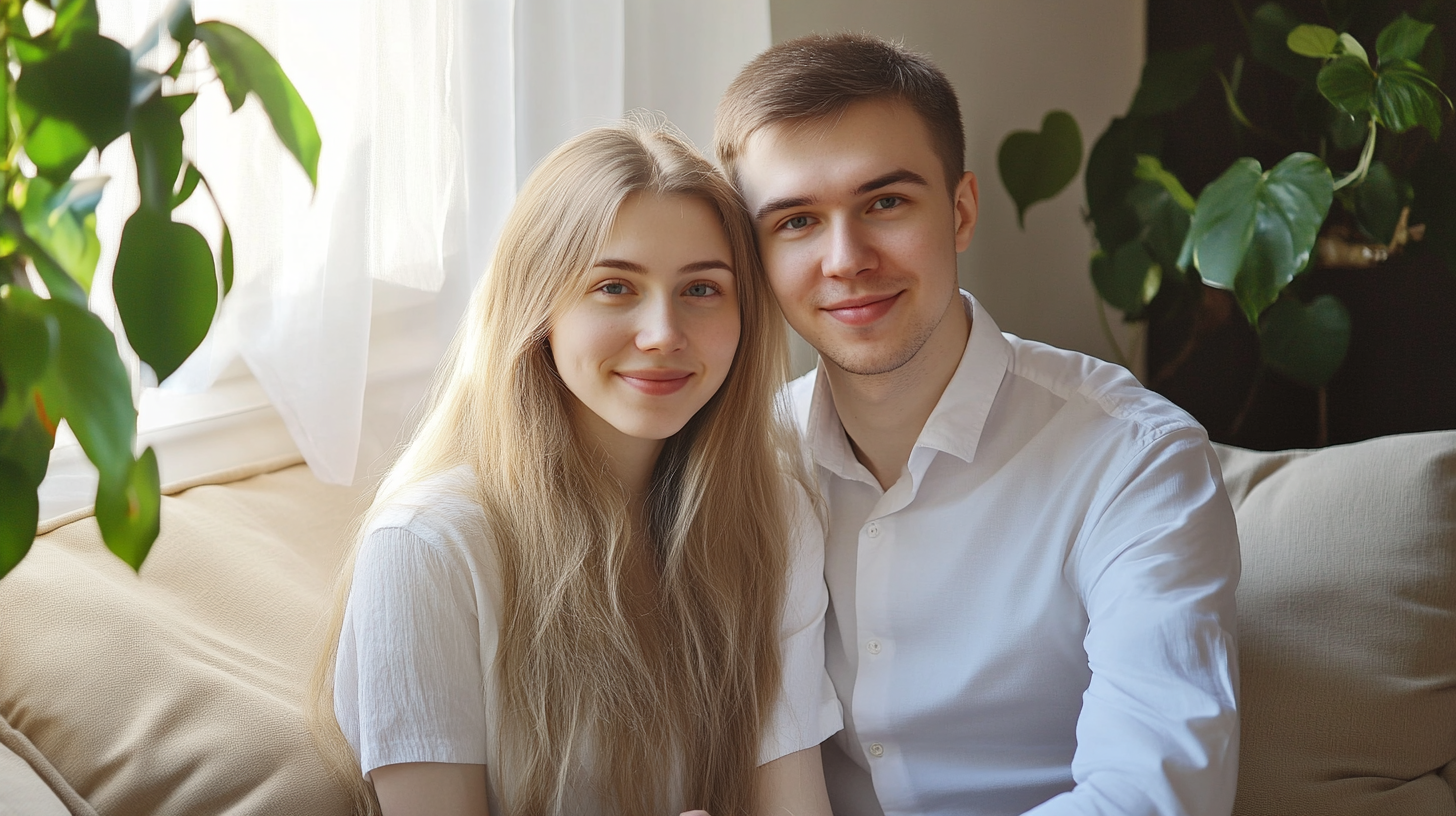 Молодая пара держит друг друга за руки на диване, планируя эко беременность.