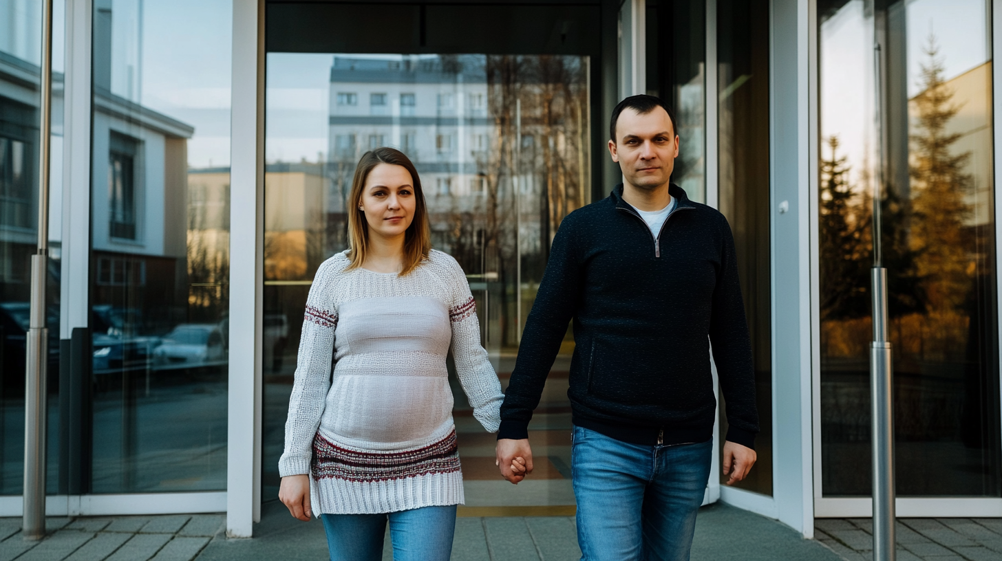 Пара держится за руки у входа в роддом, обсуждая план родов.
