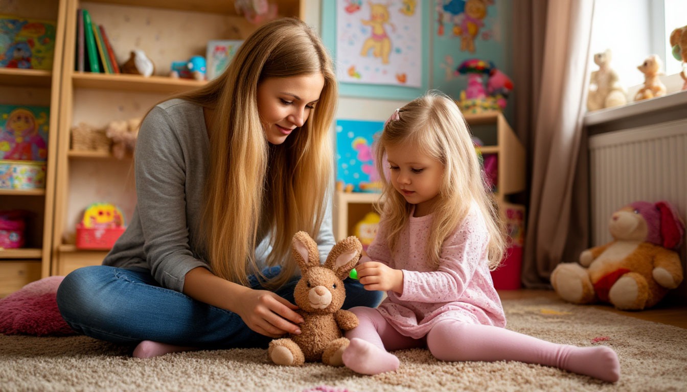 Русская молодая мама с длинными светлыми волосами и девочка 5 лет играют в