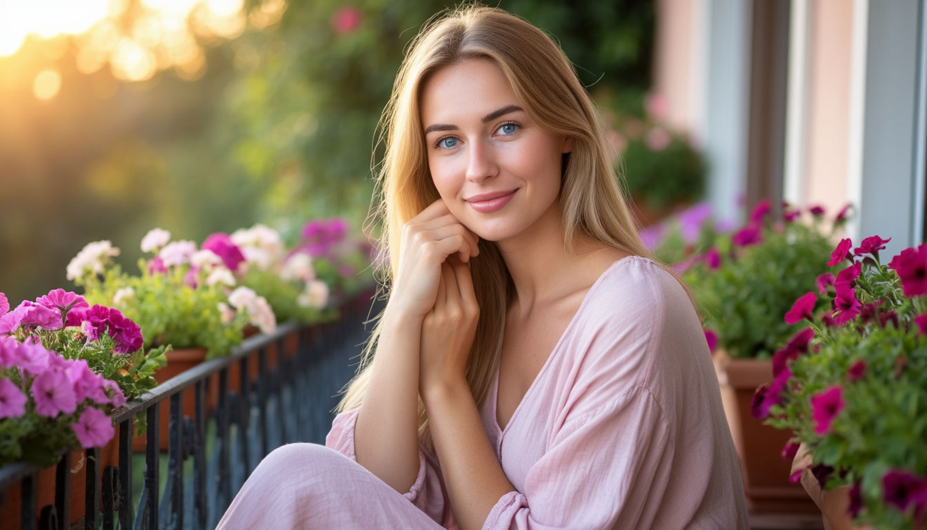 Счастливая молодая мама гладит грудь, наслаждаясь летним утром.