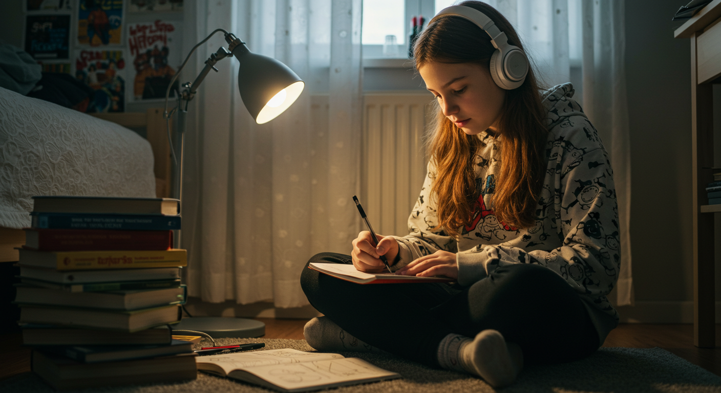 13-летняя девочка рисует на полу, окруженная книгами и постерами
