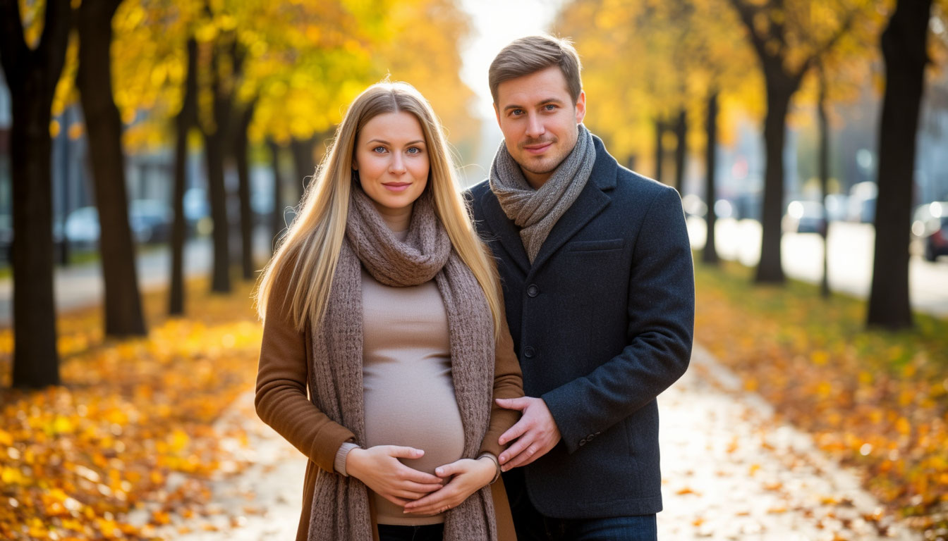 Беременная женщина гуляет с мужем в парке, осень, теплый шарф и пальто