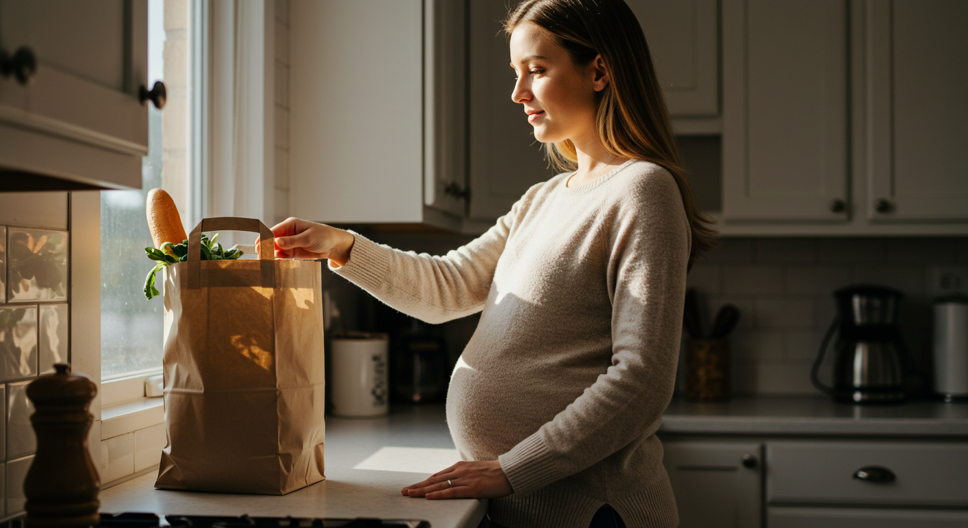Беременная женщина осторожно тянется за продуктами на кухне