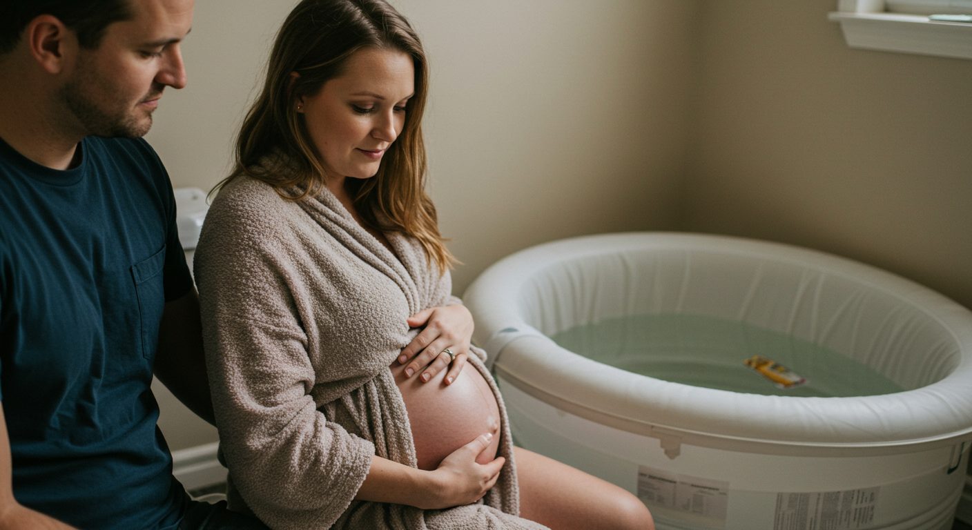 Будущая мама сидит у ванны для родов с поддерживающим партнером