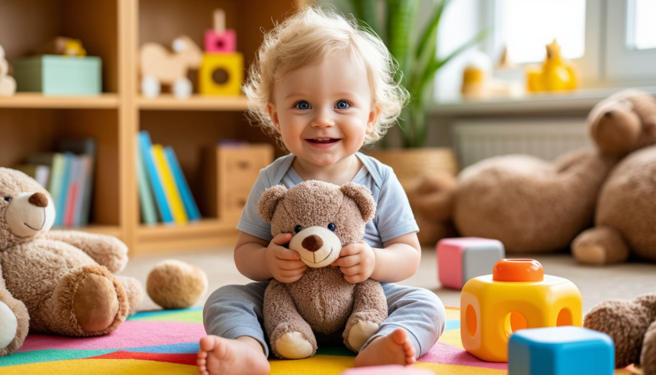 Мальчик играет с мягкой игрушкой на цветном коврике в безопасной nursery