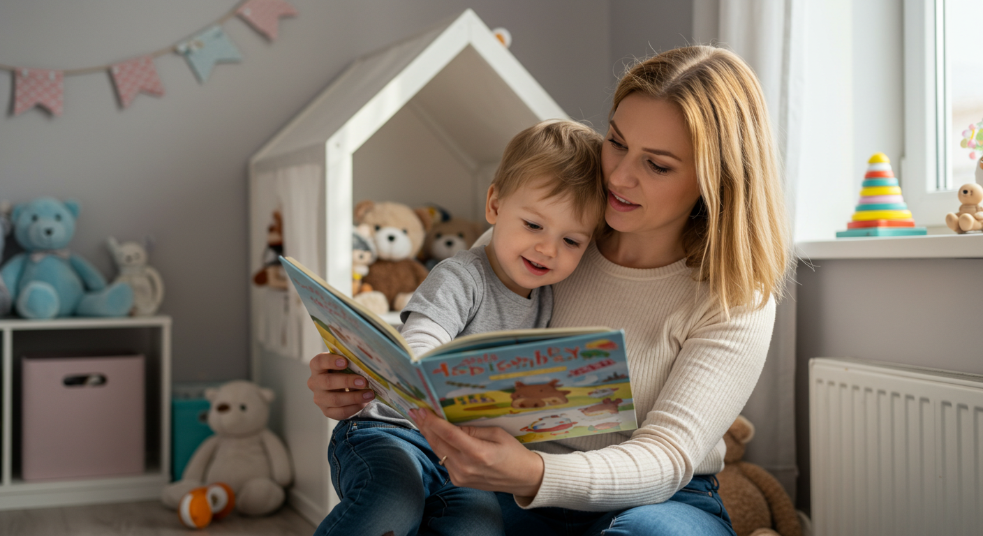 Мама читает книжку двухлетнему сыну в яркой детской комнате
