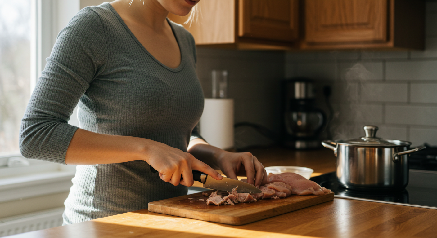 Мама готовит домашнее мясное пюре для ребенка, нарезая индейку на доске