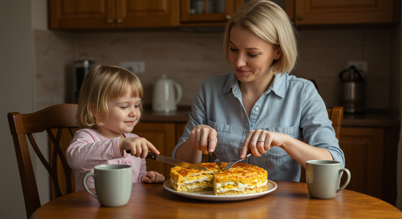 Мама и дочь готовят слоеный пирог с рыбой и яйцами на столе