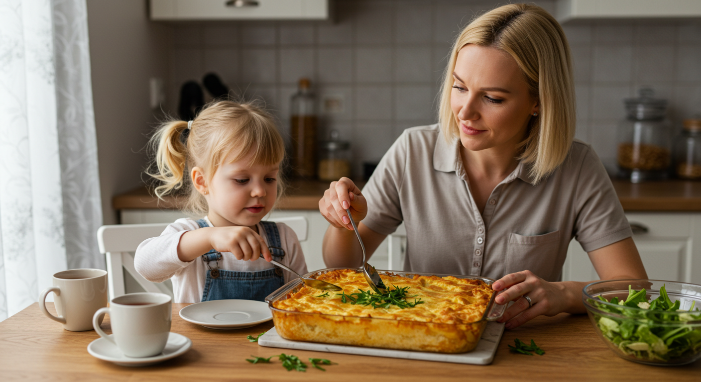 Мама и дочка украшают рыбный пирог на столе в домашней кухне