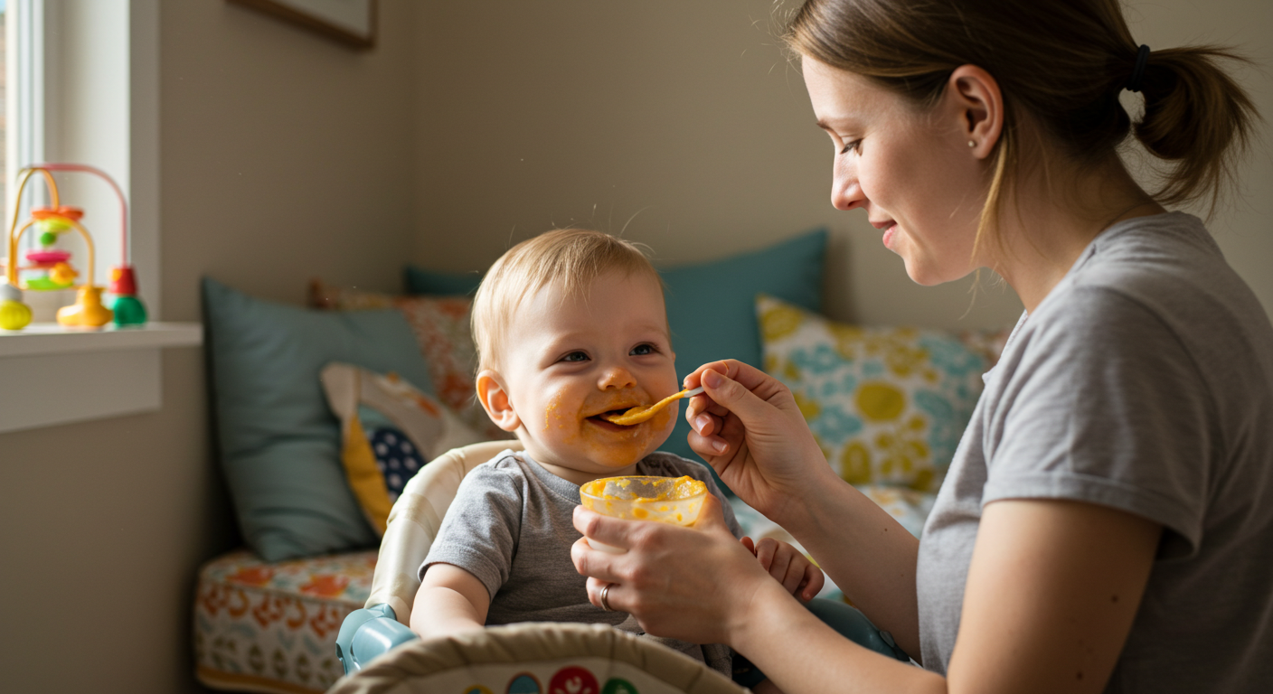 Мама кормит улыбающегося малыша в светлом nursery с игрушками и подушками