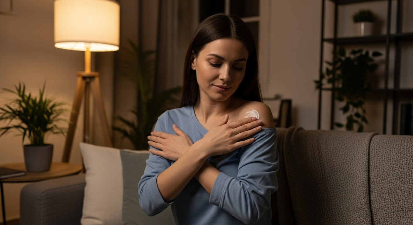 Мама наносит крем на грудь, ухаживая за кожей после грудного вскармливания