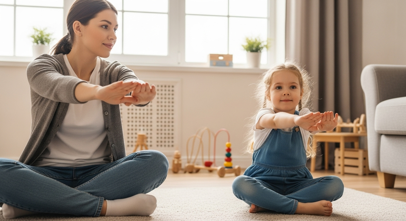 Мама с дочкой выполняют растяжку, заботясь о здоровье груди и физической активности