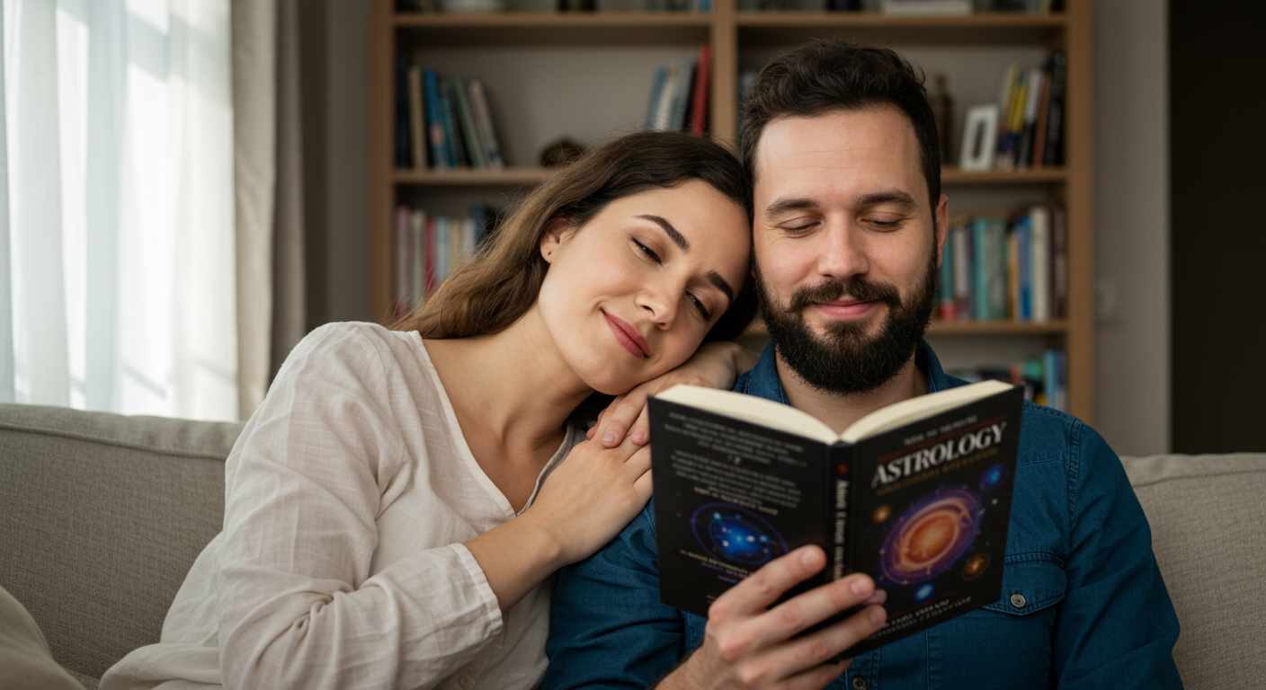 Мать читает книгу об астрологии, опираясь на плечо партнера в гостиной