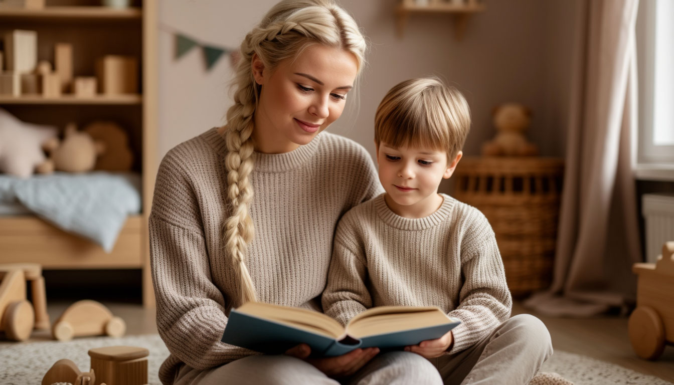 Мать с сыном читают книгу в уютной детской спальне с пастельными тонами