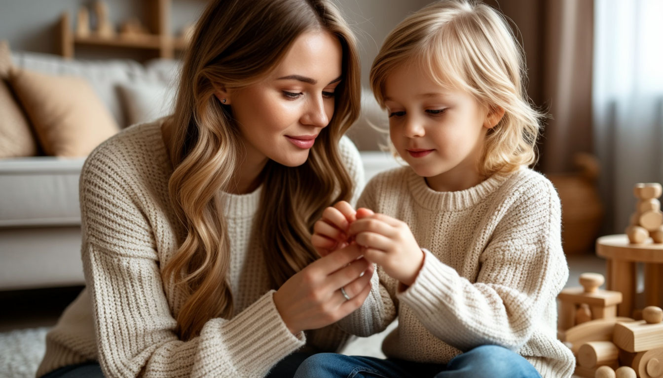 Мать с сыном играет в пальчиковые игры для детей 4 лет в уютной комнате