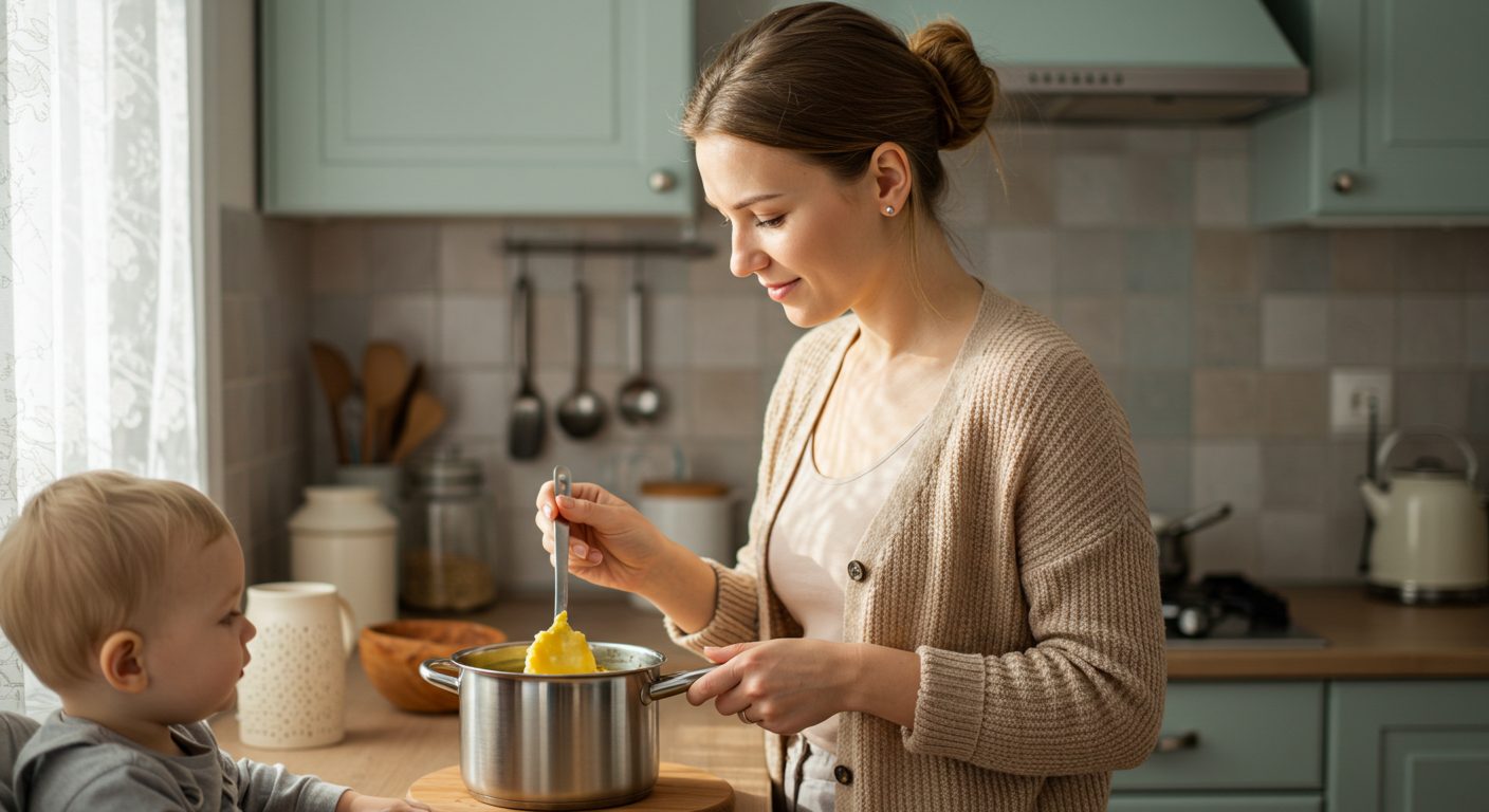 Молодая мама готовит картофельный суп в уютной кухне, рядом 1-летний сын