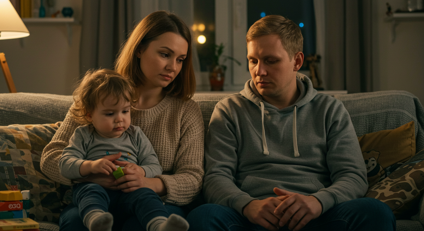 Молодая мама заботливо держит ребенка на коленях рядом с мужем на диване.