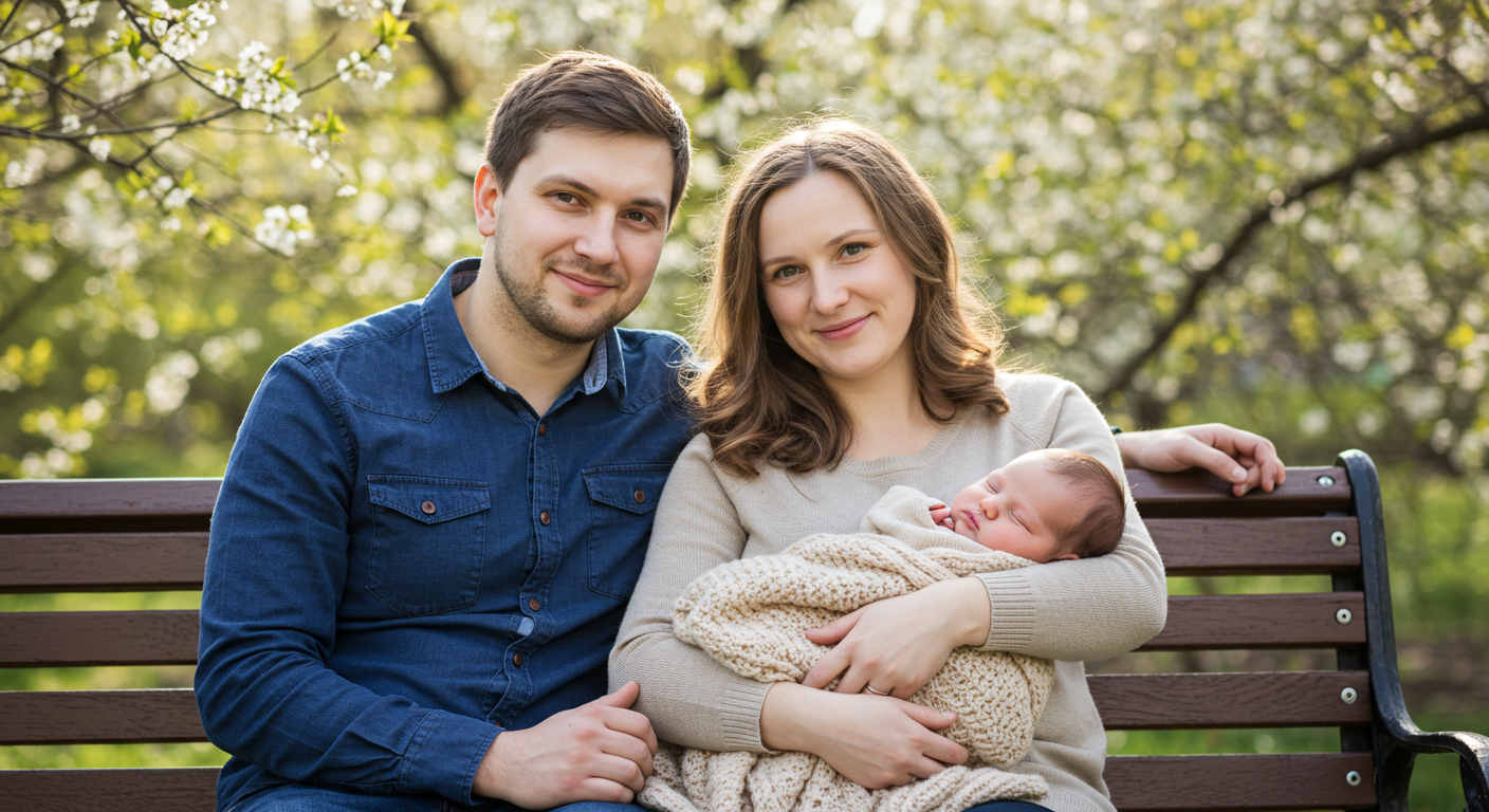 Молодые родители с новорожденным сыном на скамейке в парке весной