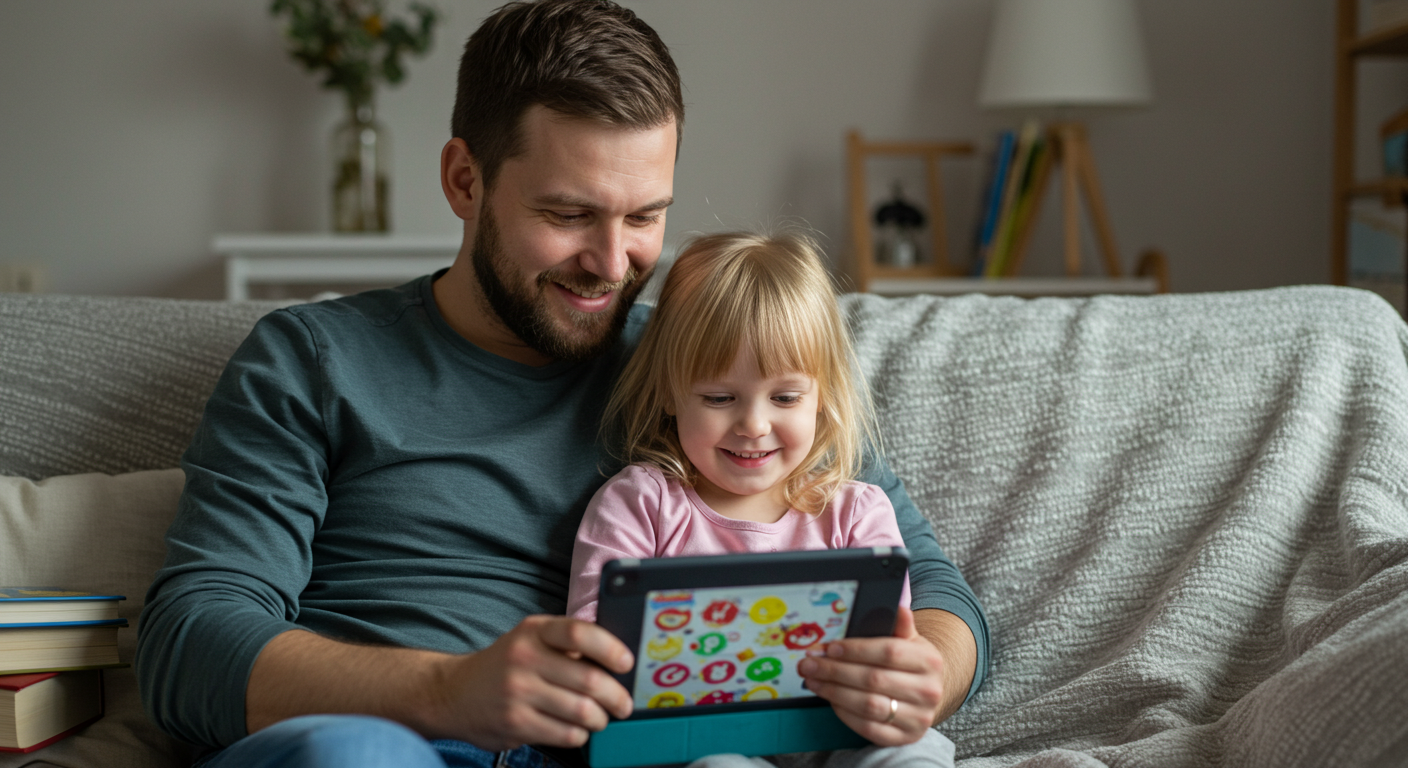 Отец с дочкой смотрят на планшет с обучающей игрой