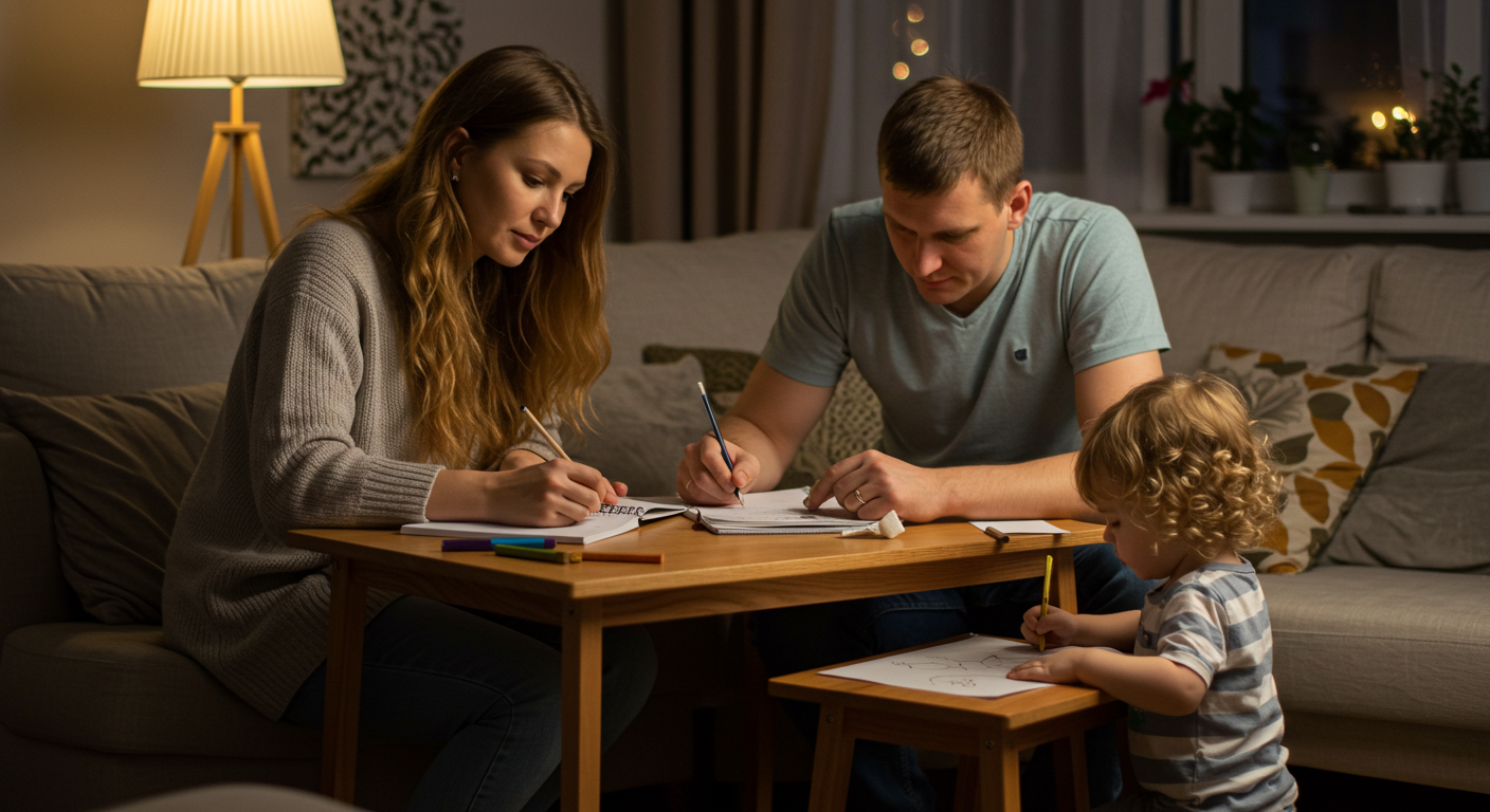 Родители работают вместе за столом, в то время как их ребенок рисует рядом.