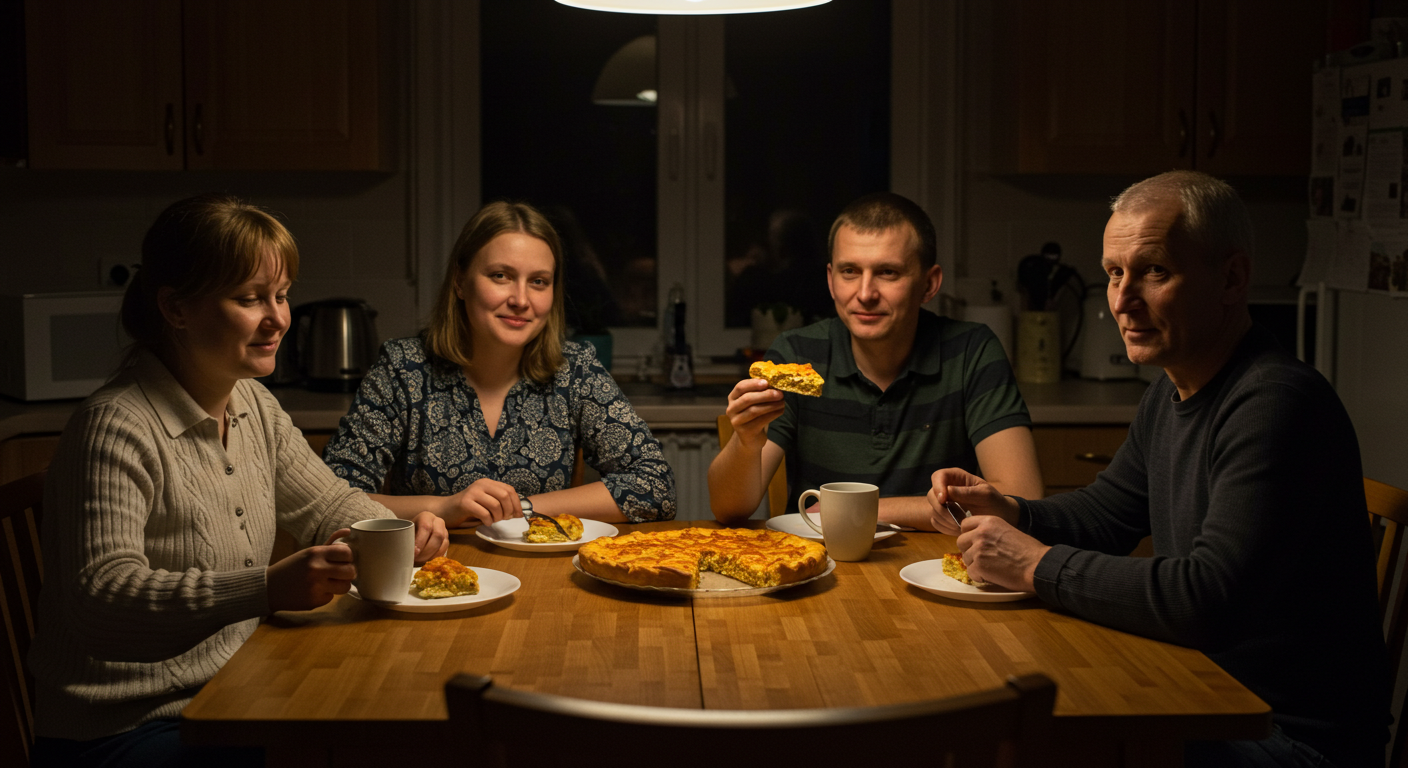 Семья делится кусками заливного пирога с рыбной консервой за столом