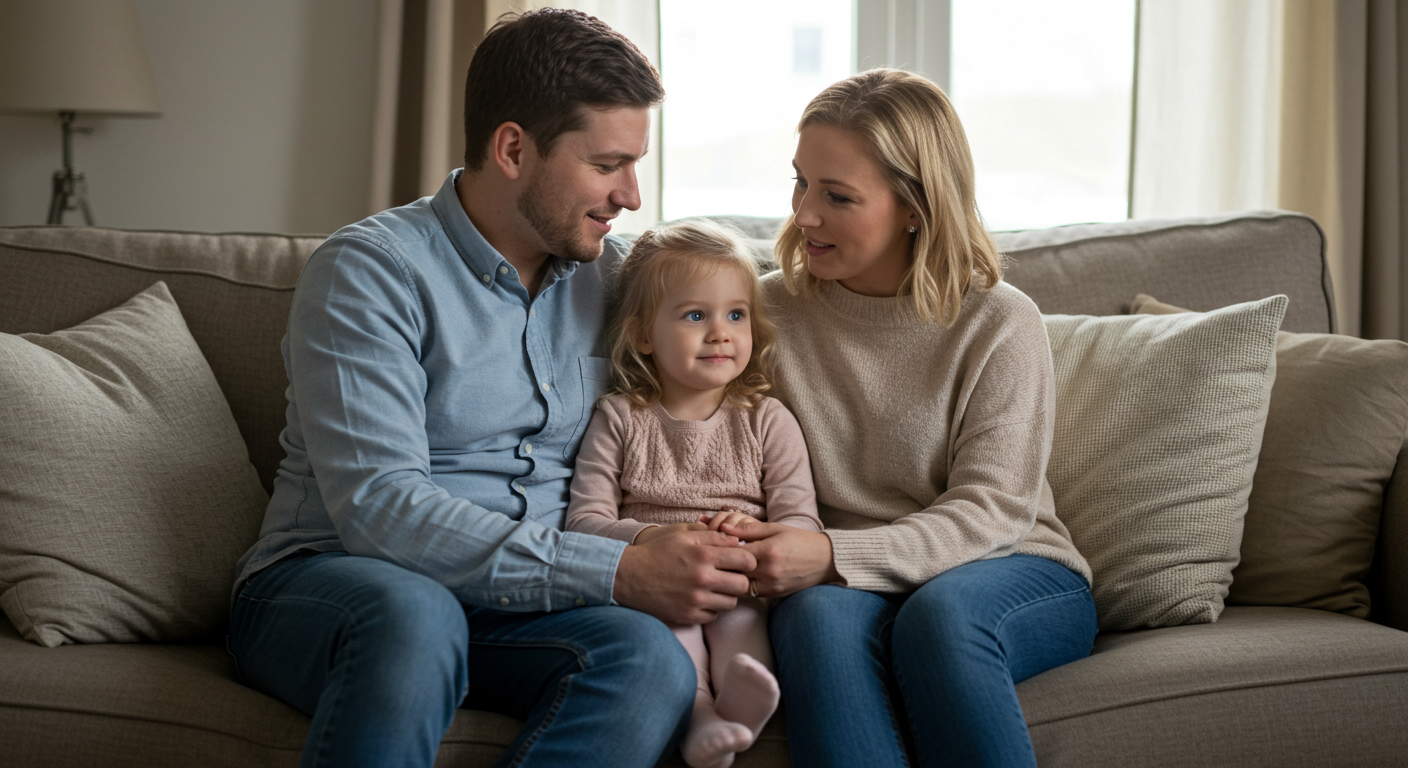 Семья из родителей и дочери общается на диване в гостиной