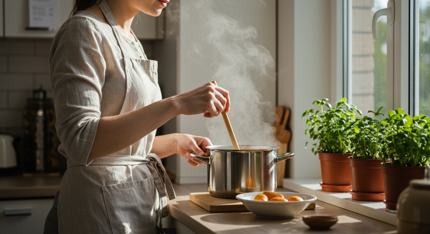Женщина готовит суп с клецками в солнечной кухне