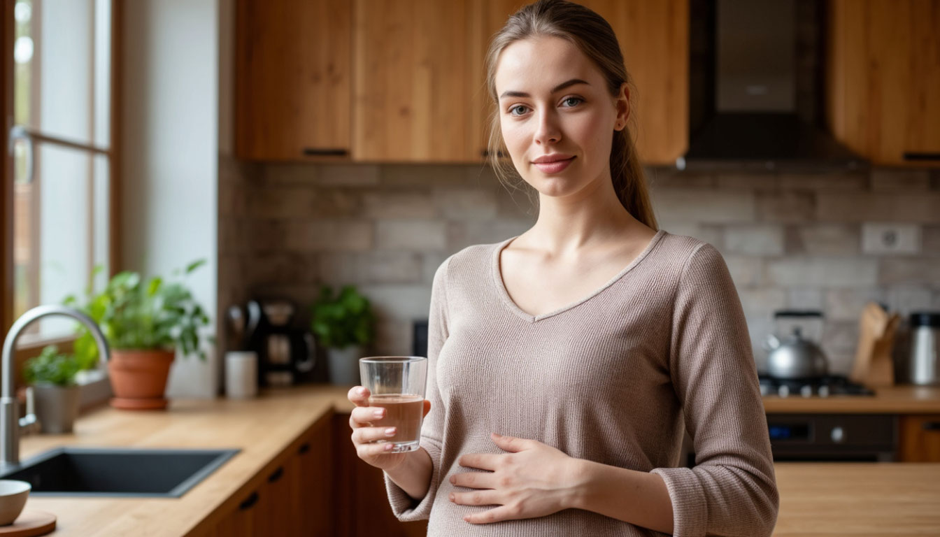 Женщина на кухне с водой, рука на нижнем животе, ранние признаки беременности
