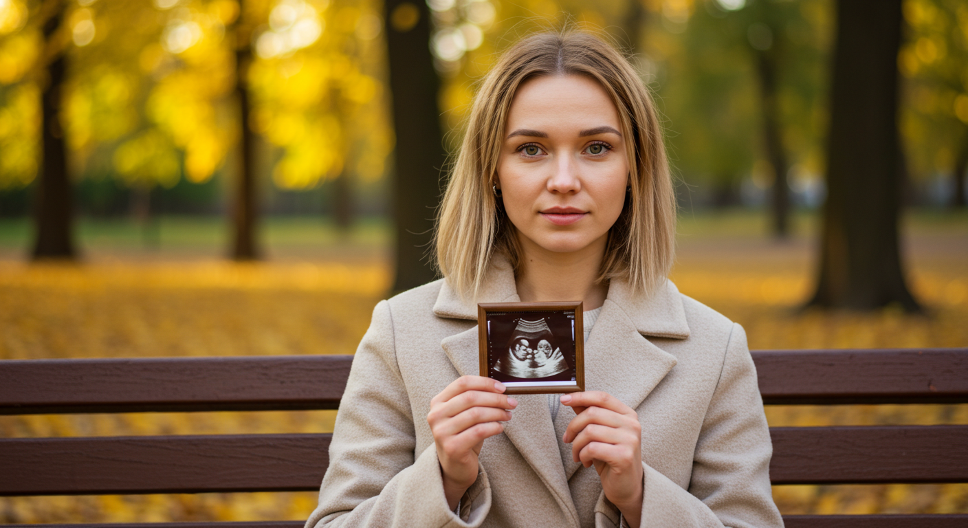 Женщина с фото УЗИ в парке осенью, задумчиво размышляет о будущем ребёнка