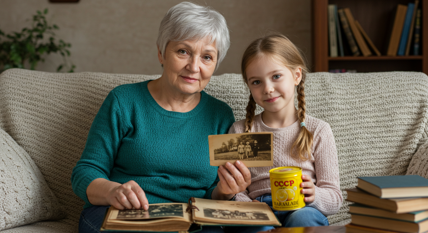 Бабушка с внучкой рассматривают фотоальбом и лимонные дольки СССР на диване