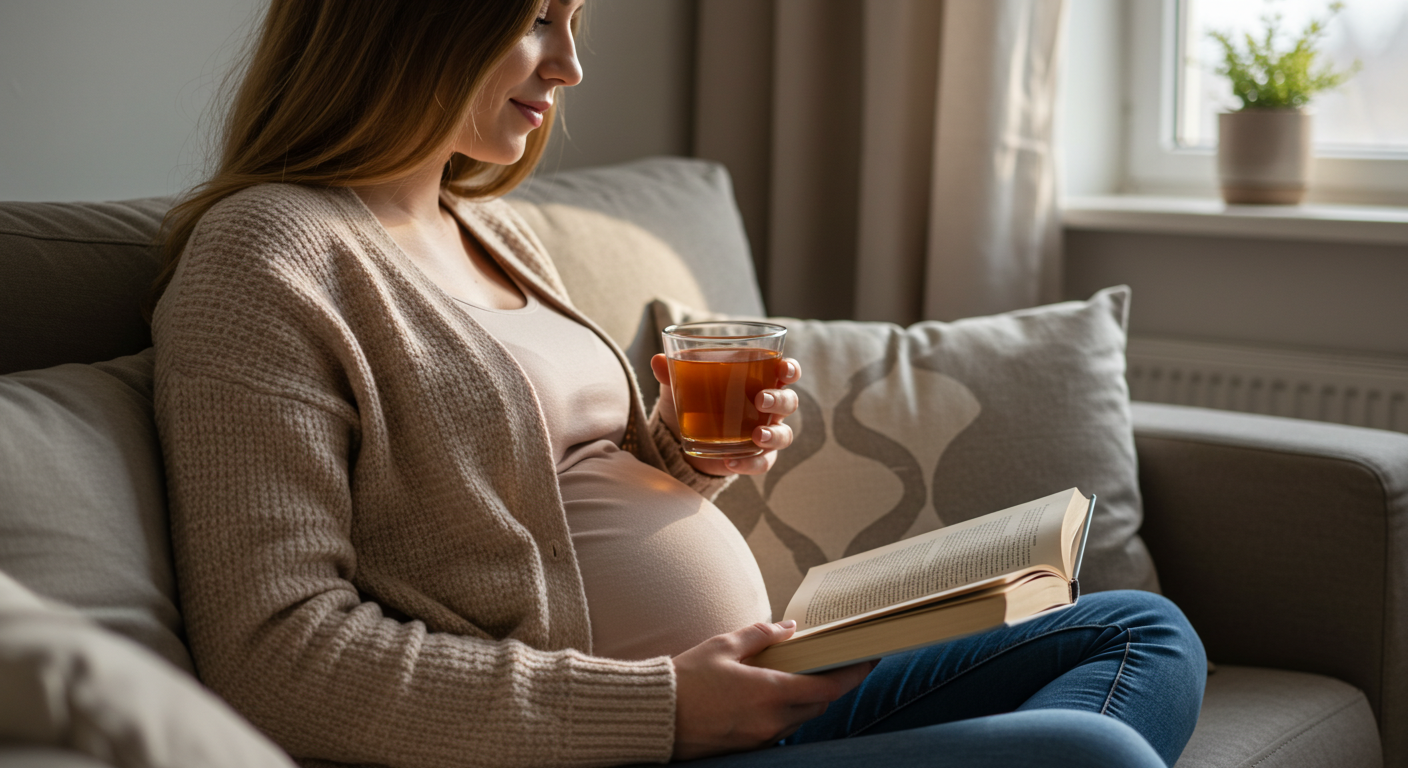 Беременная женщина на 27 неделе отдыхает с книгой и чаем на диване