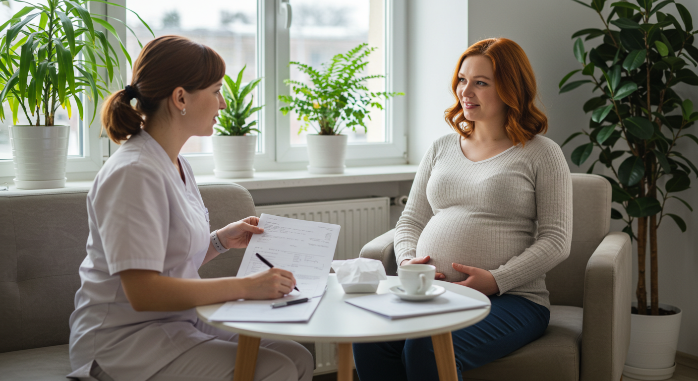 Беременная женщина общается с УЗИ специалистом в клинике, документы на столе, уютная атмосфера