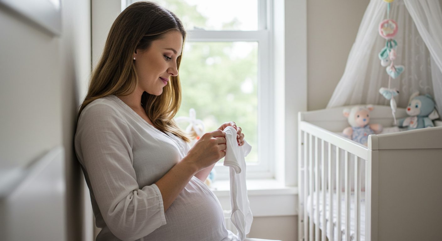 Беременная женщина рассматривает детскую одежду в ярком nursery, светит утреннее солнце