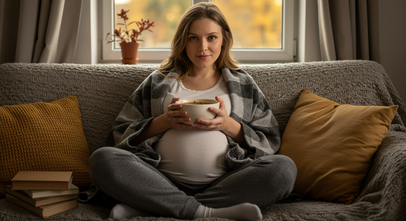Беременная женщина сидит на диване с теплым томатным супом в руках
