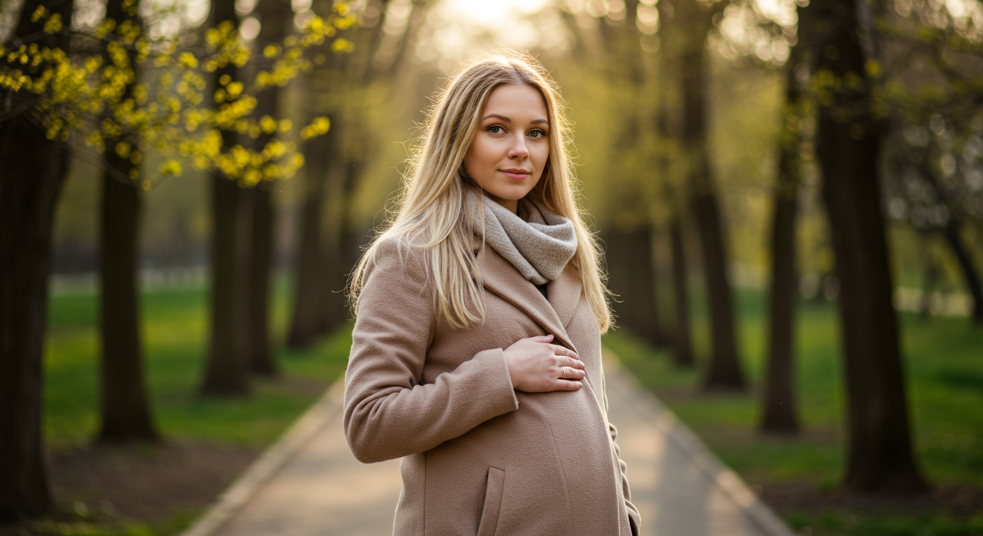 Беременная женщина в парке с весенними деревьями в бежевом пальто