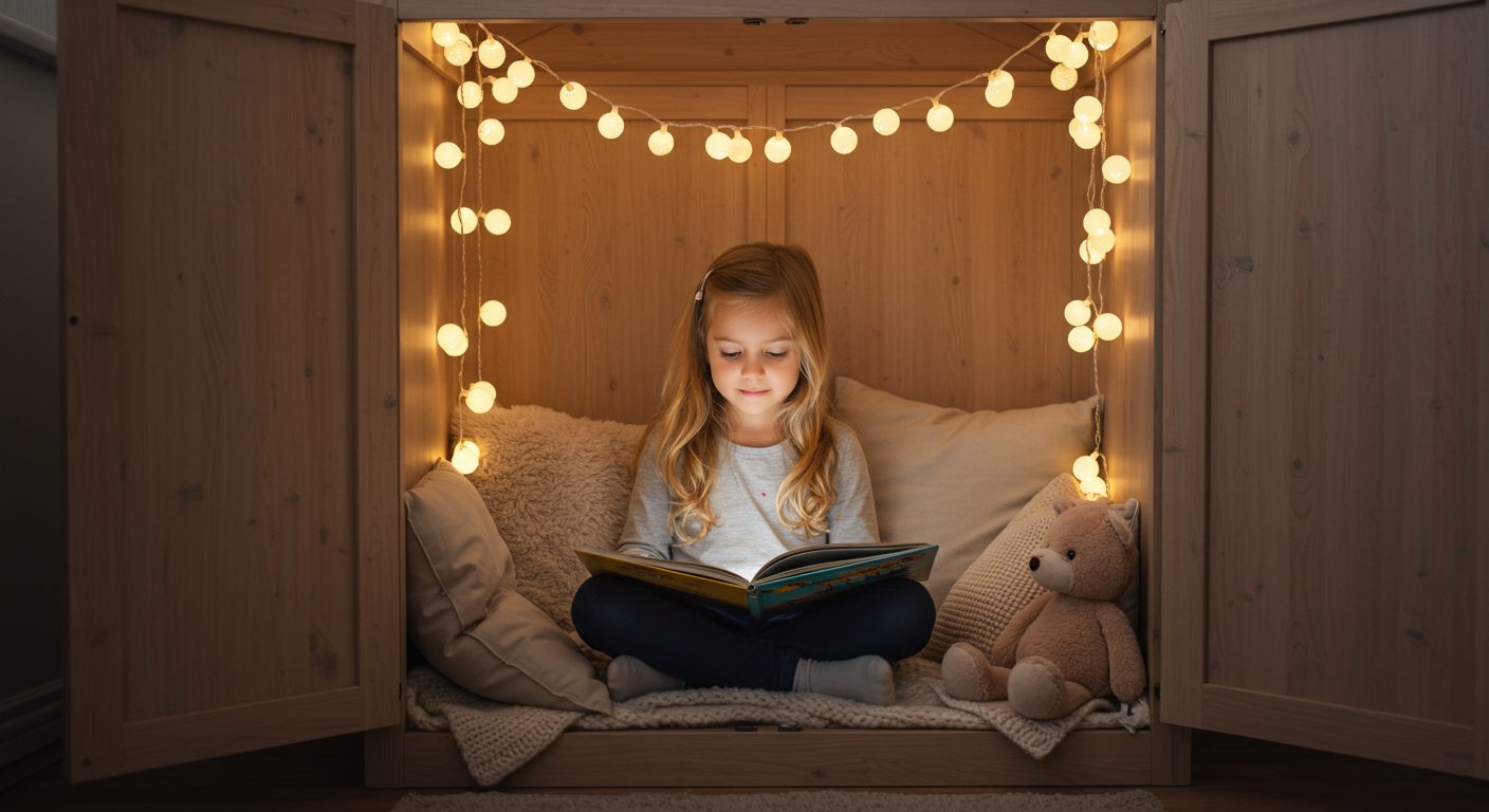 Девочка читает книгу в уютном шкафу-домике с мягким светом