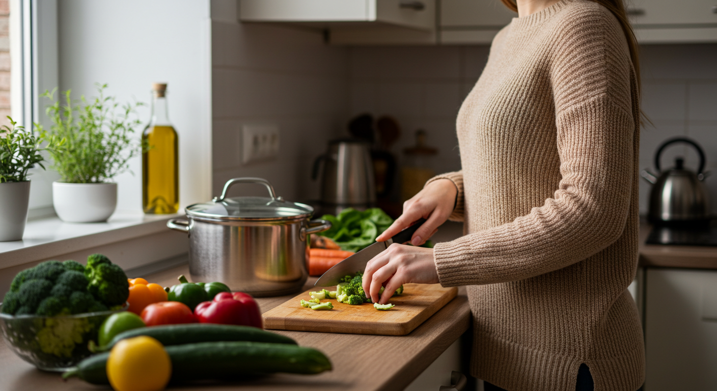 Мама готовит суп пюре из брокколи с курицей, нарезая овощи на кухне