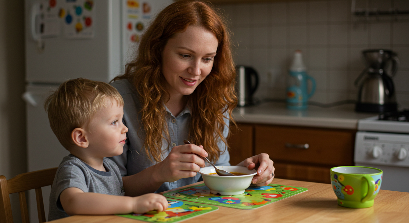 Мама подает суп своему 3-летнему сыну за столом с мультфильмами