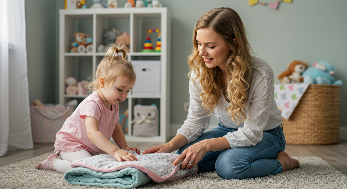 Мама с дочкой рассматривают детский плед на полу в nursery