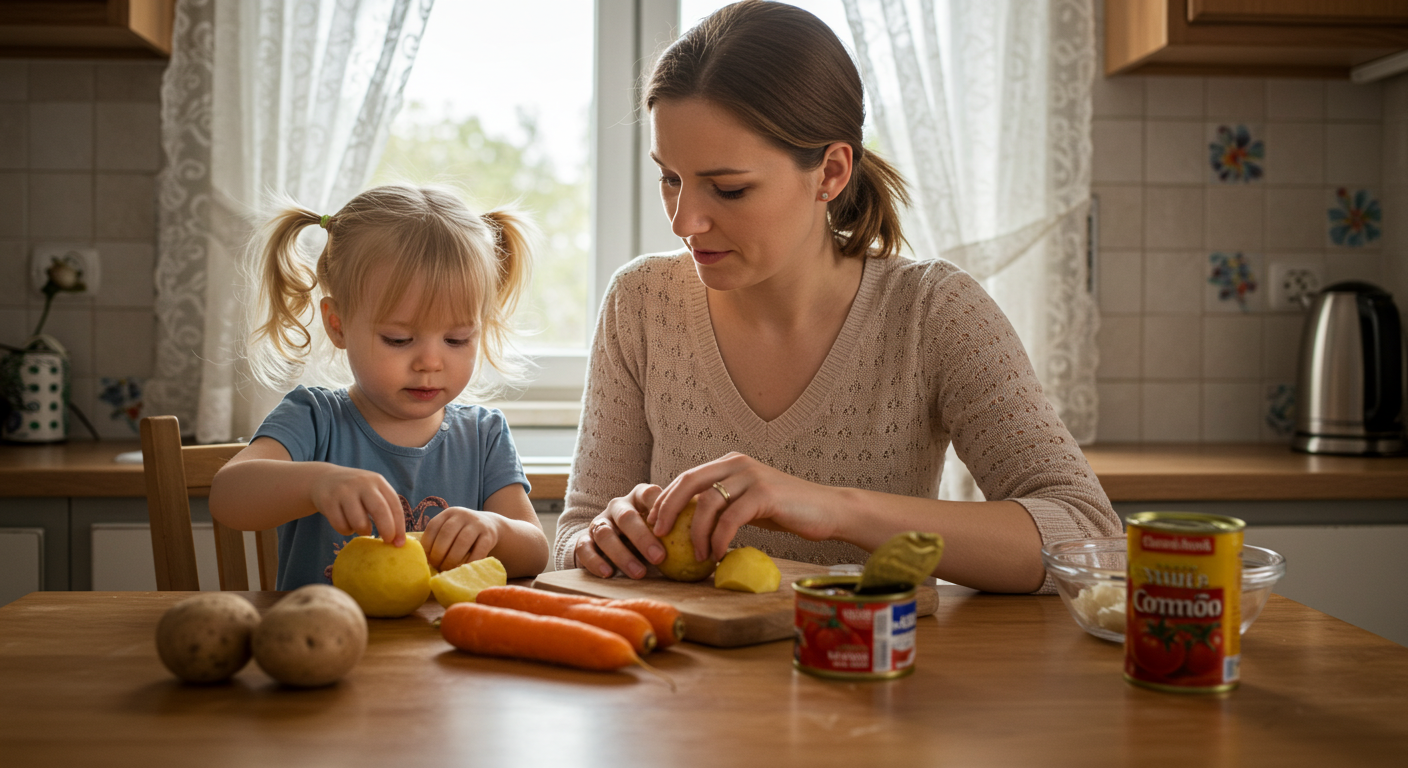 Мама с дочкой выбирают продукты для бюджетного супа из кильки