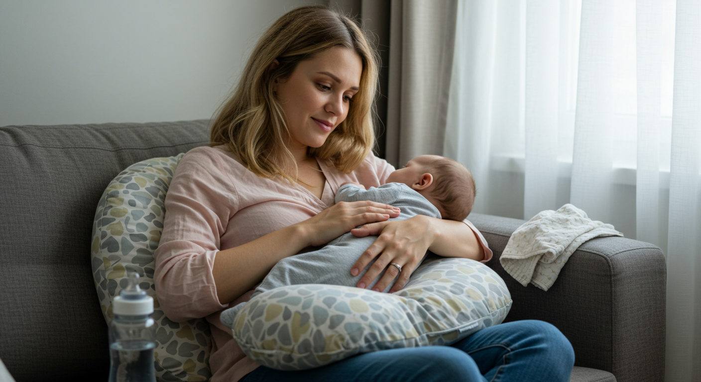 Мама с infant'ом на диване, использует подушку для кормления