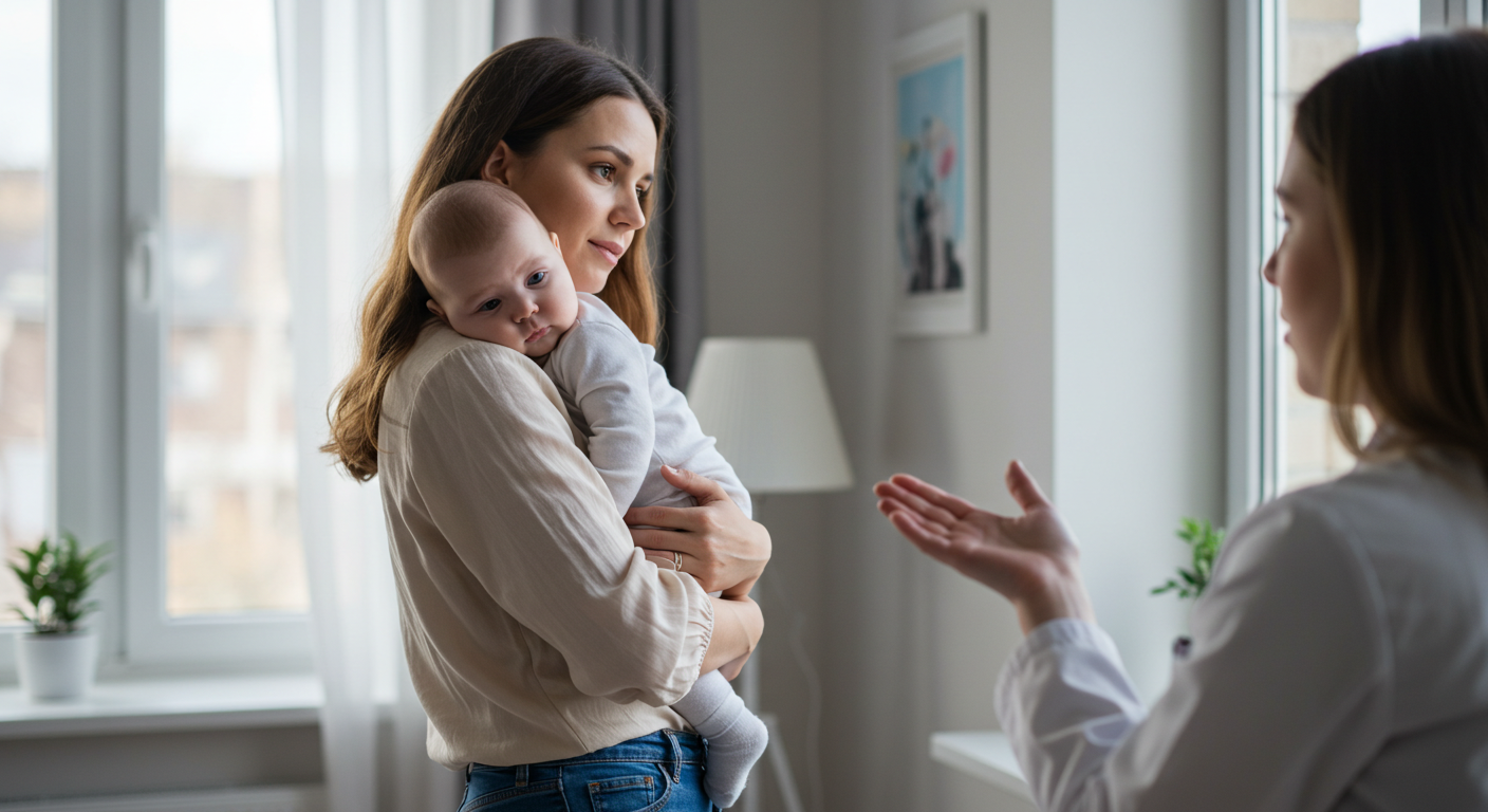 Мама с ребенком на плече разговаривает с pediatrician у окна в квартире