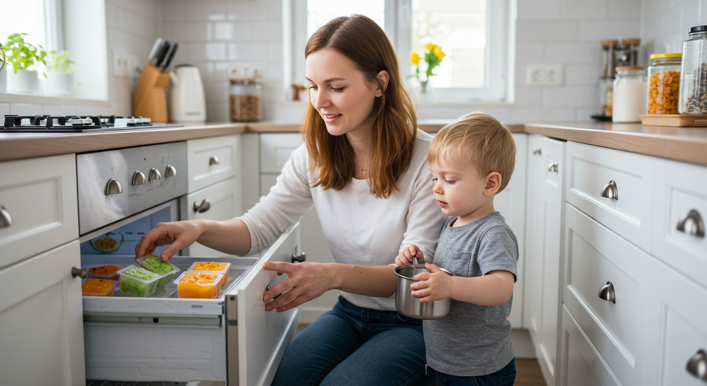 Мама складывает кубики супа в морозильник, рядом стоит ребенок