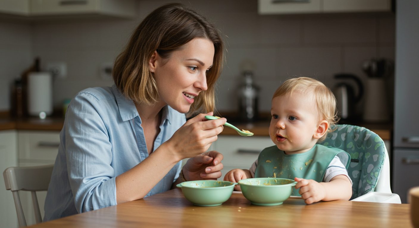 Молодая мама кормит 1-летнего сына куриным супом в уютной кухне