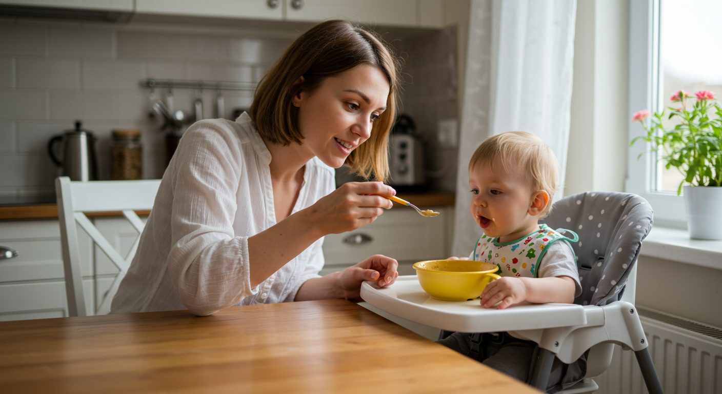Молодая мама кормит супом сына 1 года за деревянным столом на кухне