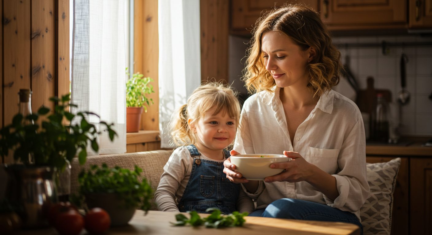 Молодая мама с дочерью готовят теплый томатный суп на уютной кухне