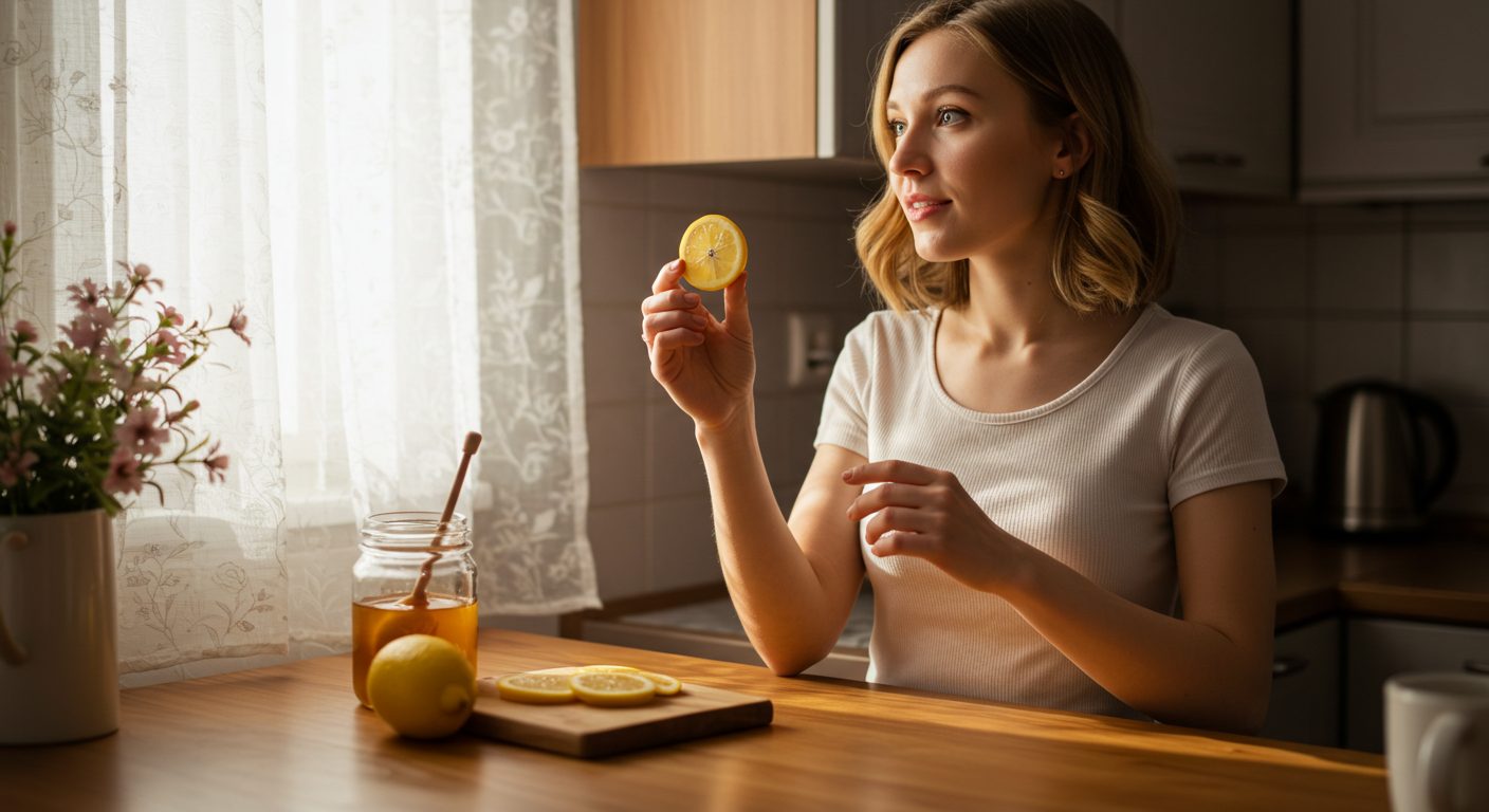Молодая мать с лимонной долькой на кухне, вокруг лимоны и мед