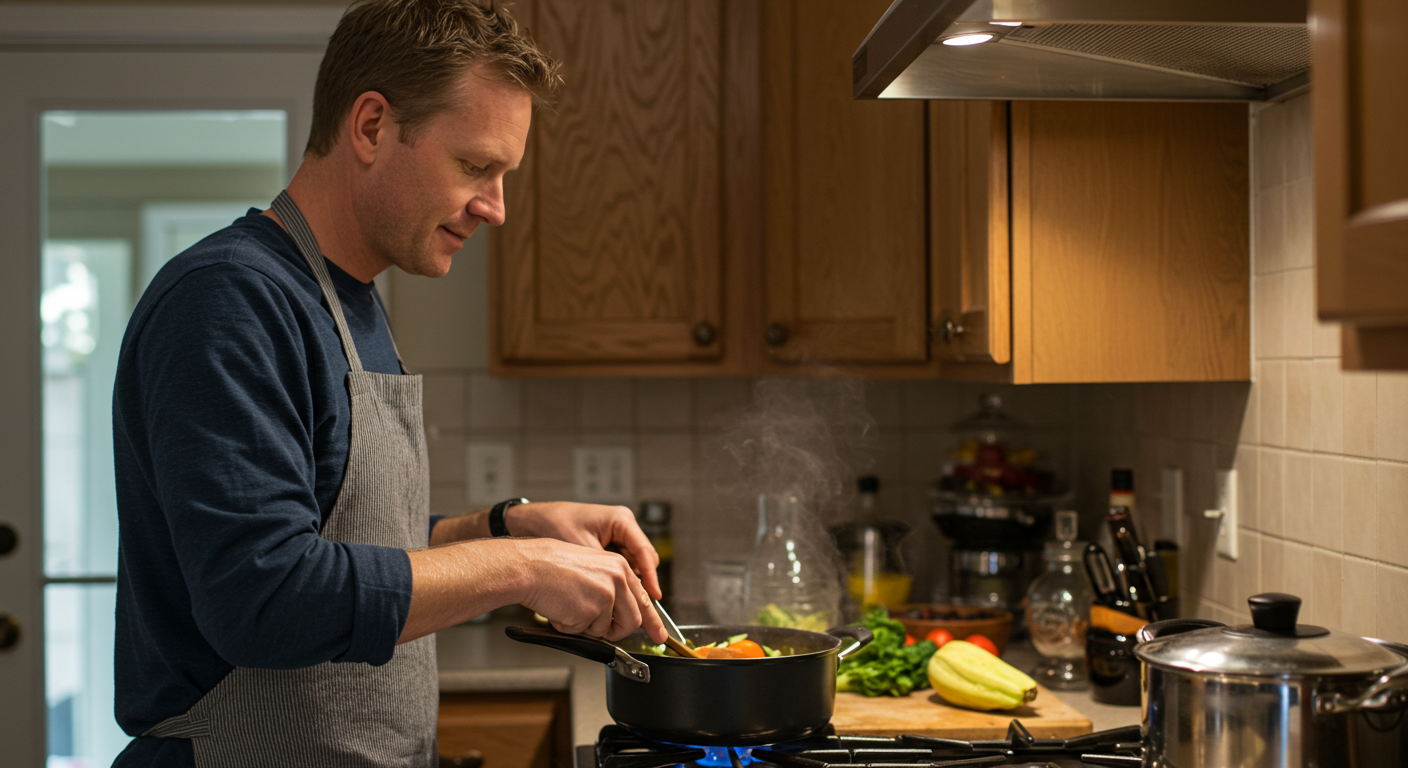 Отец готовит легкий овощной суп, дочь смотрит с табурета